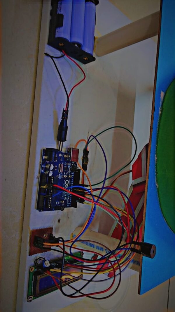 Lithium batteries are used as power source. These batteries are rechargeable. Device will start automatically once they are connected to the Arduino.