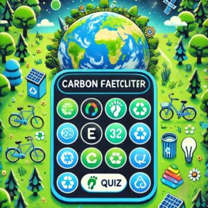 Cover image for a carbon footprint app featuring a globe surrounded by greenery, with icons of a footprint, energy-saving light bulbs, bicycles, recycling bins, and trees. A digital carbon calculator is displayed in the center, with playful quiz and game icons. The color scheme is green, blue, and earthy tones, representing nature and sustainability in a modern, engaging design.