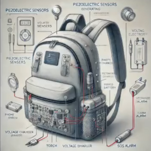 Backpack equipped with piezoelectric sensors on its straps, generating electricity from walking. The bag includes a mobile charging port, a battery, a voltage booster, and an LCD screen displaying charge level, offering a sustainable way to power devices on the go.