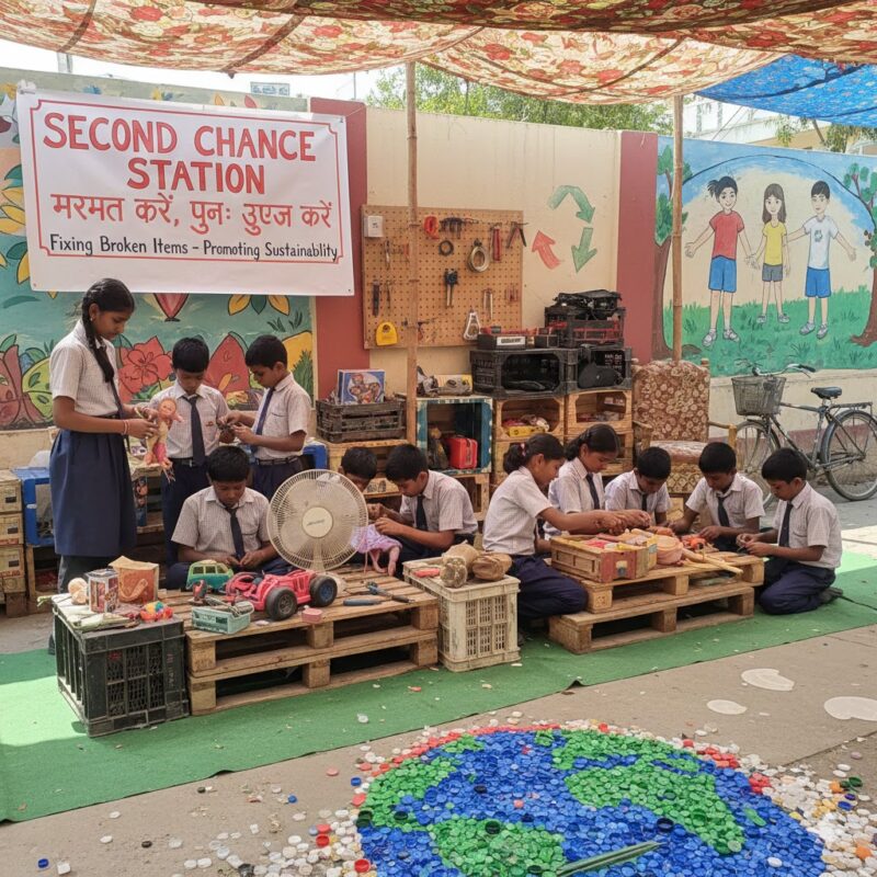 A creative corner in every school where students can repair, reuse, or repurpose items they’d normally throw away like broken pens, notebooks with unused pages, or old uniforms. Students volunteer as “Fix Buddies” who help others turn waste into usable resources. Innovation: Turning repair into a learning experience. Impact: Teaches sustainability, creativity, and gratitude for resources"